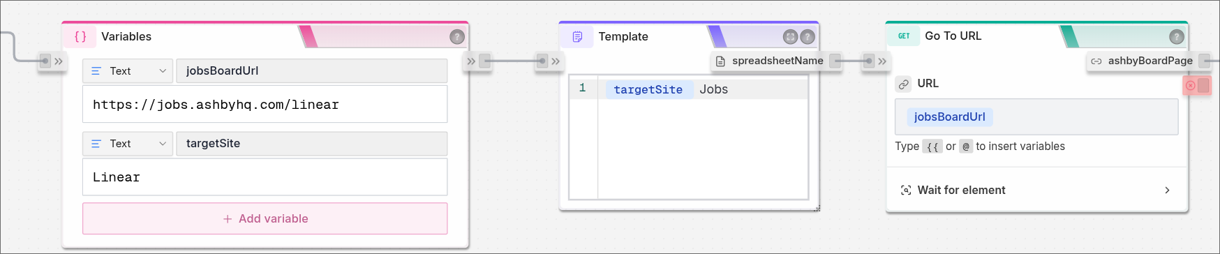 A Scrapeer Flow where a Variables Block creates jobsBoardUrl and targetSite values, a Template Block combines a variable into spreadsheetName, and a Go To URL Block uses jobsBoardUrl.