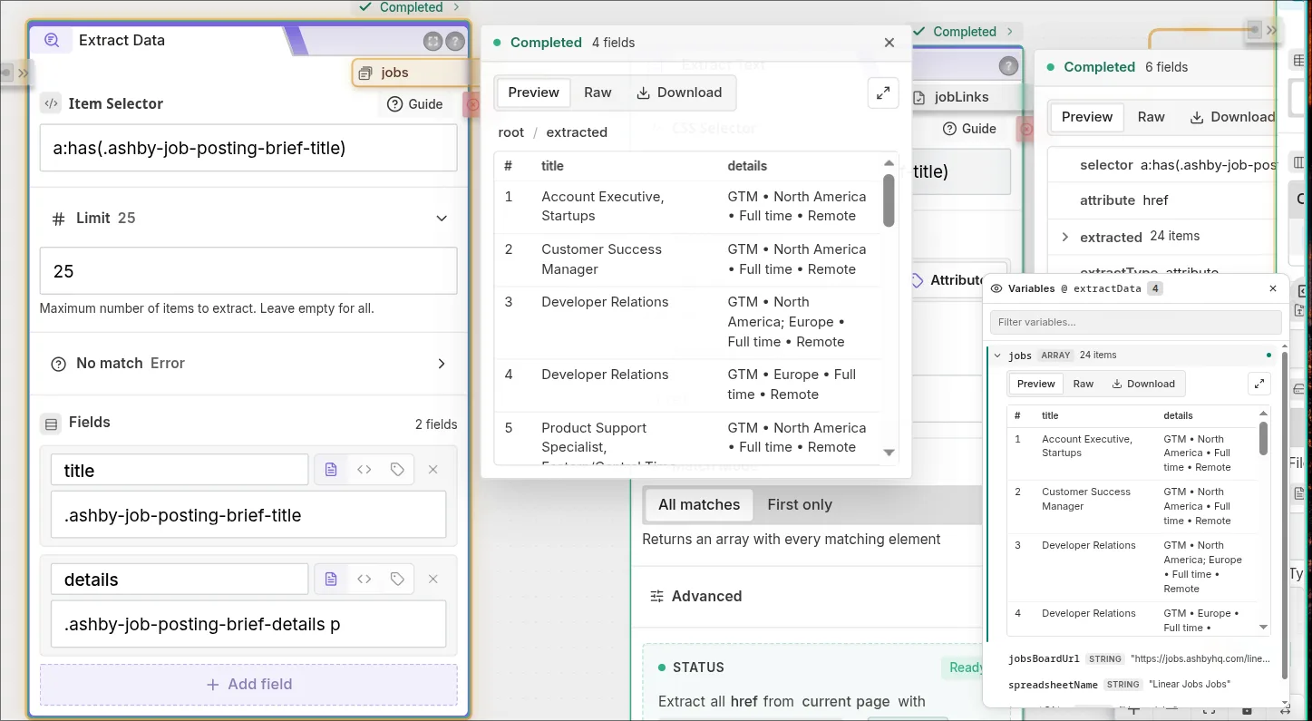 Scrapeer Inspector mode showing an Extract Data Block, inline result previews beside Blocks, and the Variables panel in the bottom-right.
