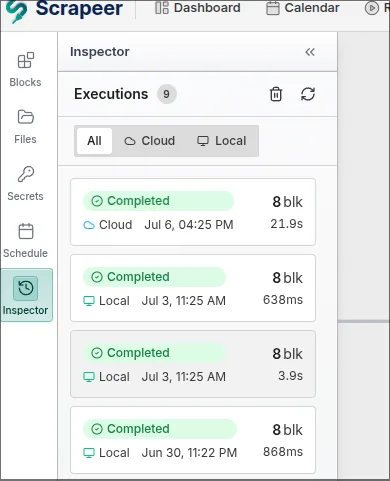Scrapeer execution history sidebar showing completed local and cloud runs, with Inspector selected in the left navigation.