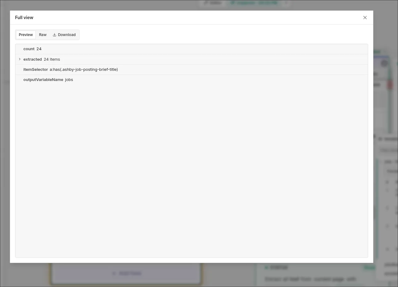 Scrapeer full view modal showing a larger result preview with Preview, Raw, and Download controls.