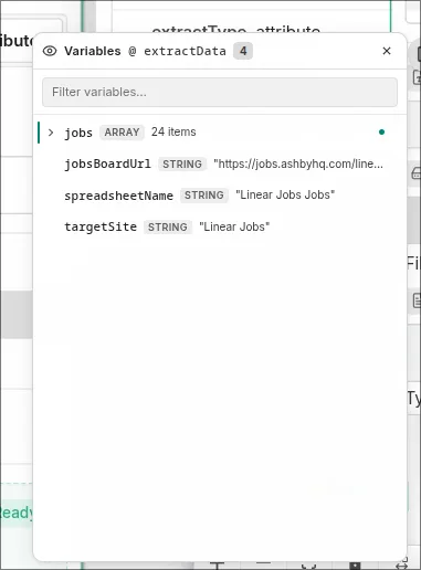 Scrapeer Variables panel showing variables available at the selected Extract Data Block, including an array and string values.